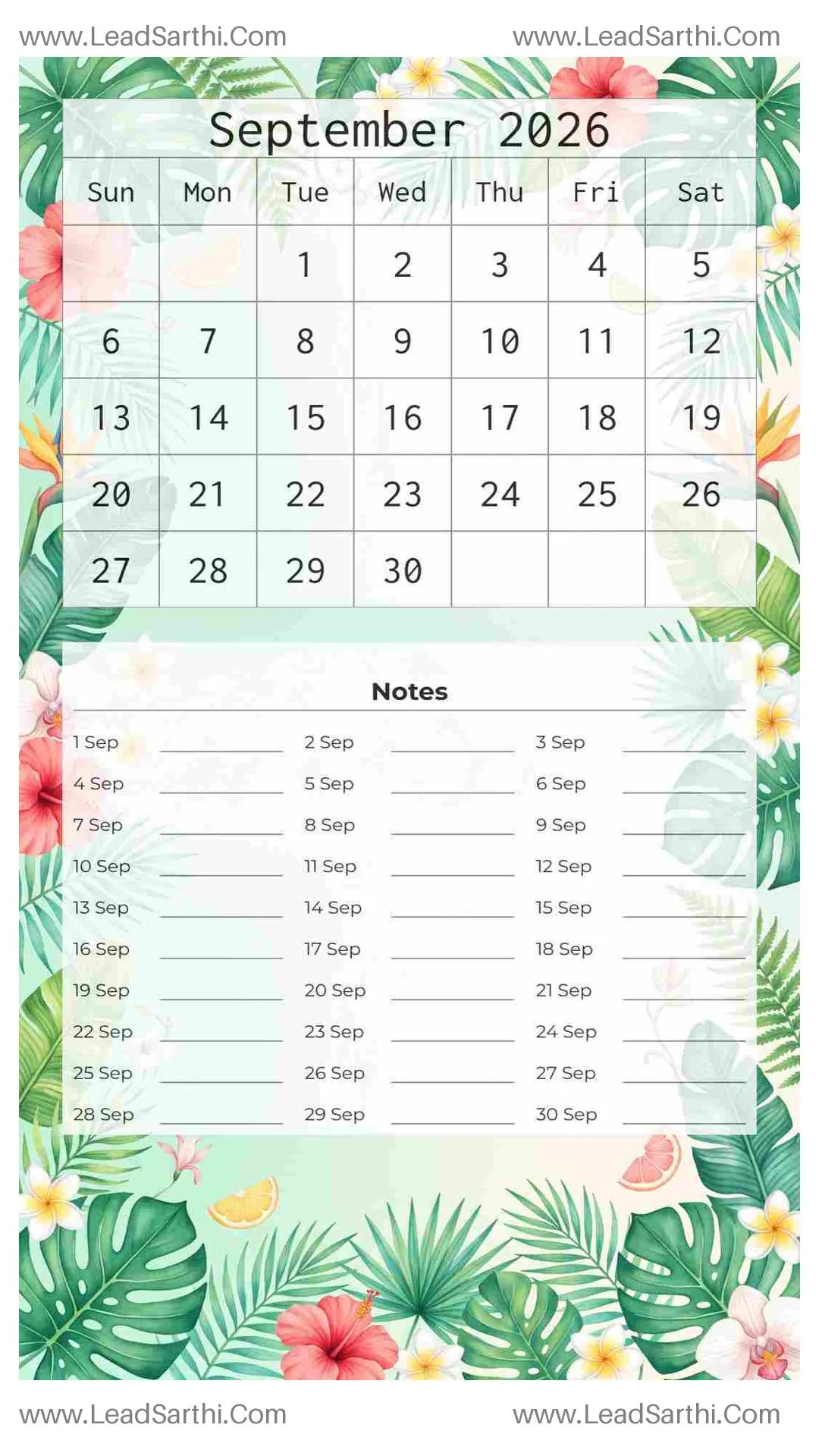 Printable September 2026 Calendar Template 8 Summer Theme 64 Thumbnail