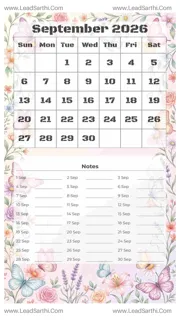 September 2026 Calendar Template 6 Butterfly Theme 184 Design Template