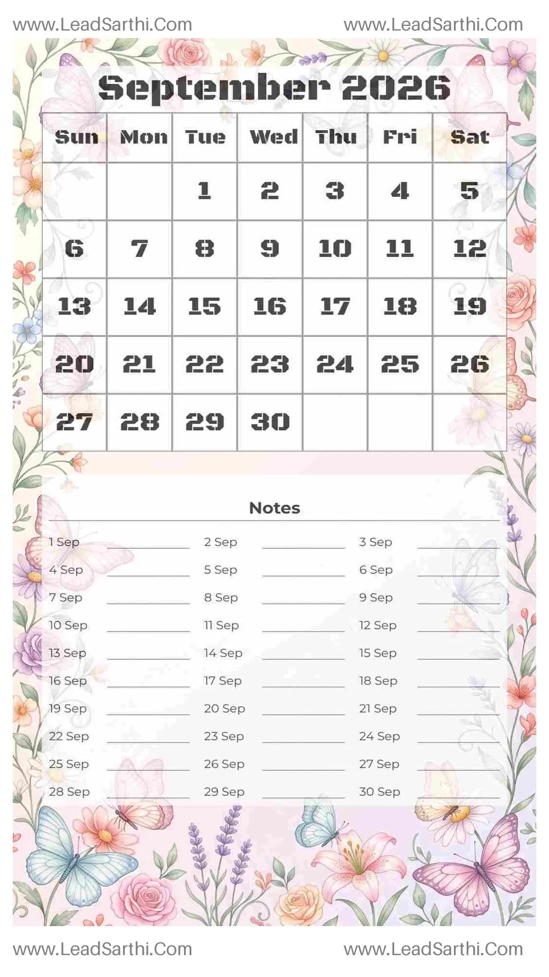 Printable September 2026 Calendar Template 6 Butterfly Theme 184 Thumbnail