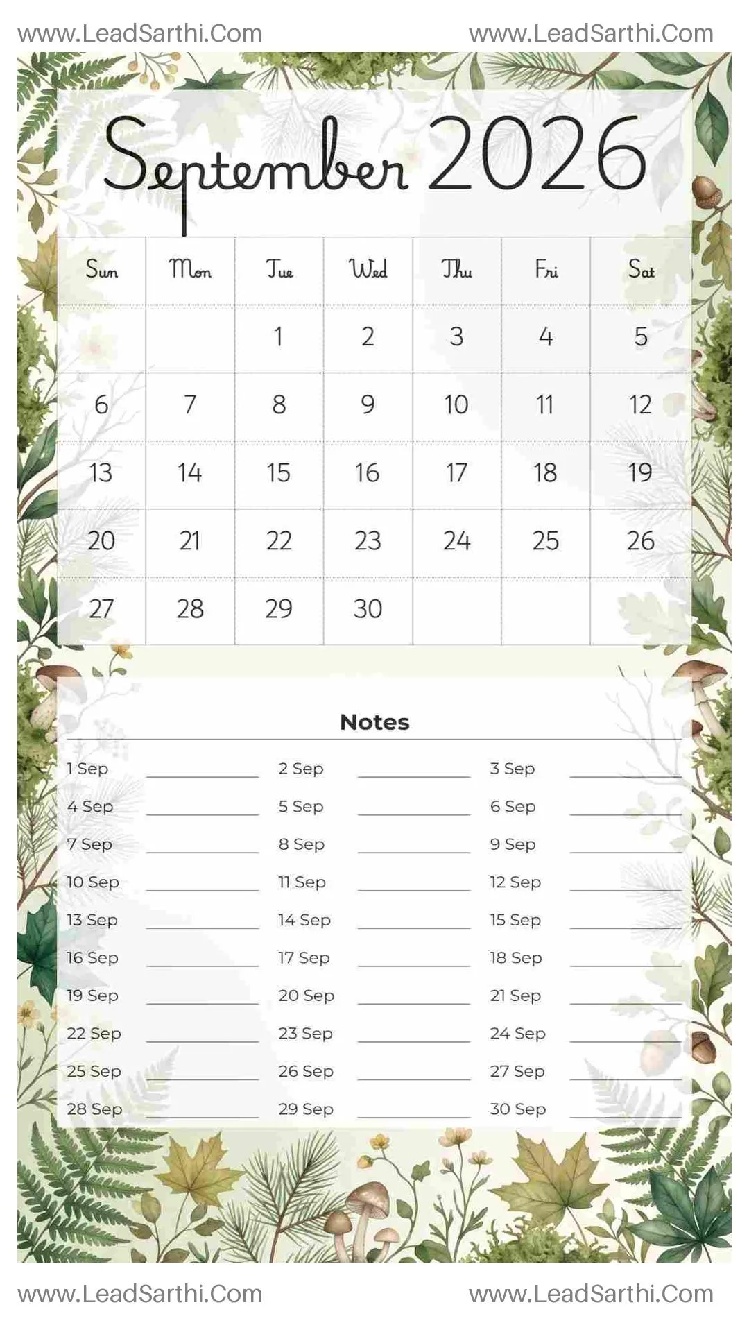 Printable September 2026 Calendar Template 18 Forest Theme 285 Thumbnail