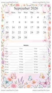 September 2026 Calendar Template 1 Butterfly Theme 172 Design Template