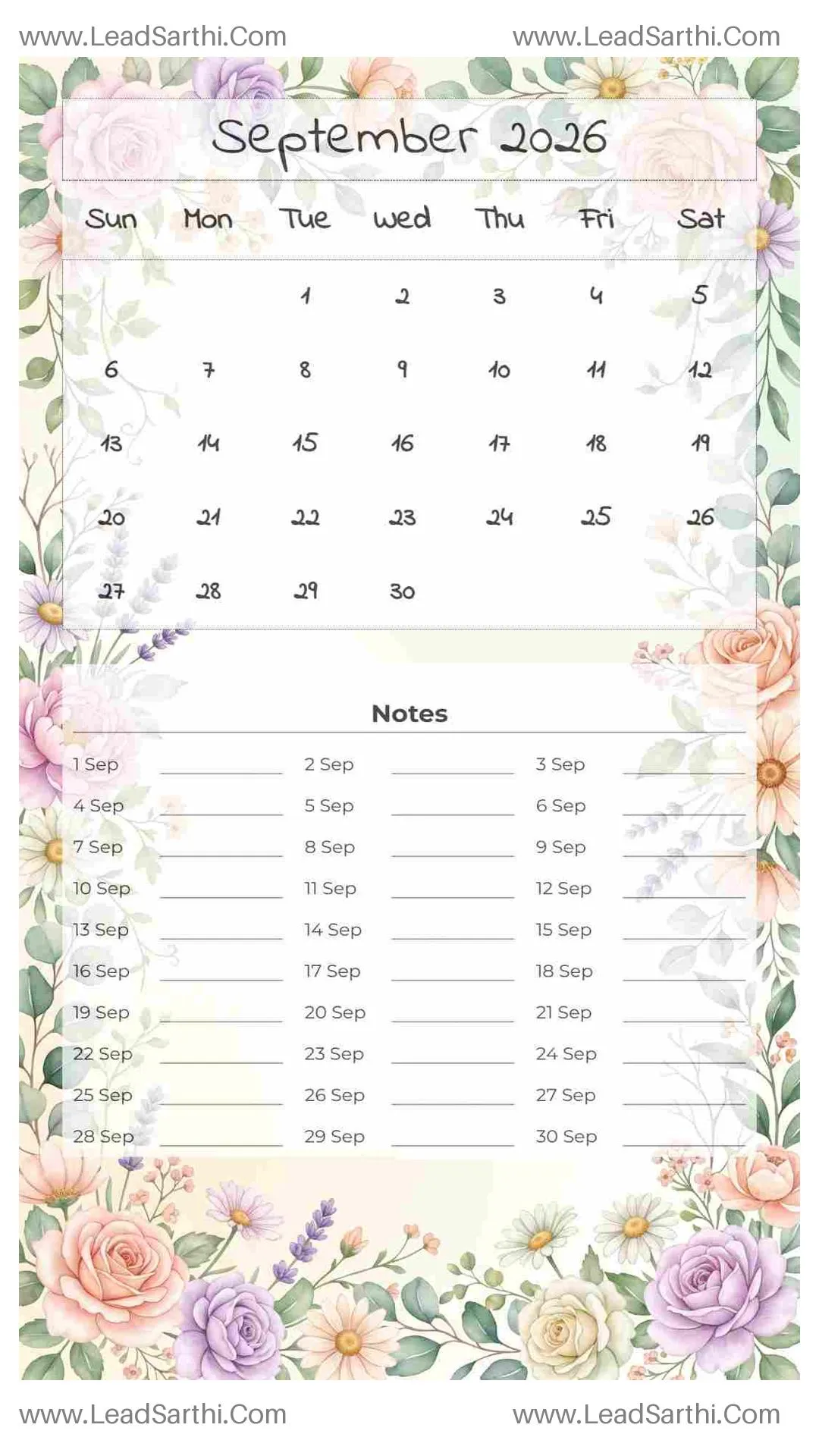 Printable September 2026 Calendar Template 23 Floral Theme 57 Thumbnail