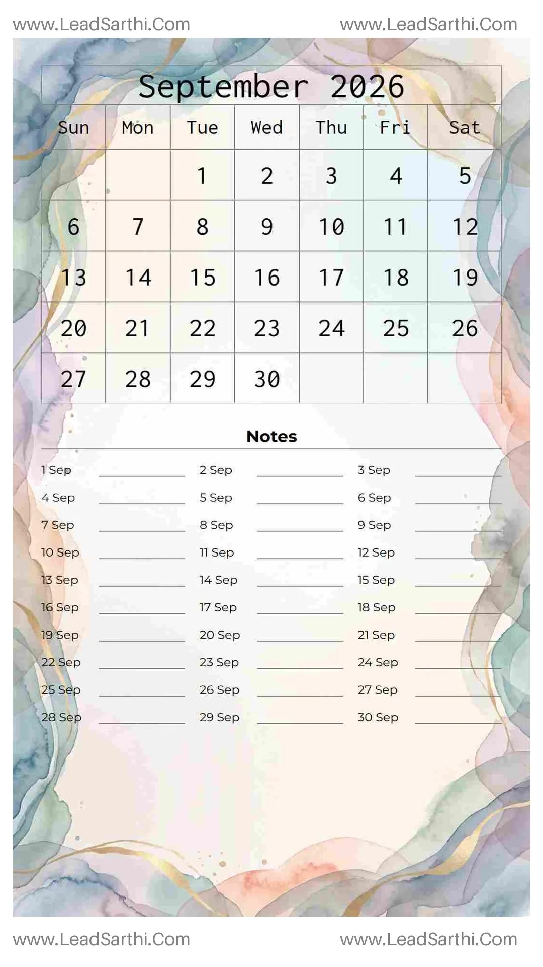Printable September 2026 Calendar Template 8 Watercolor Theme 177 Thumbnail