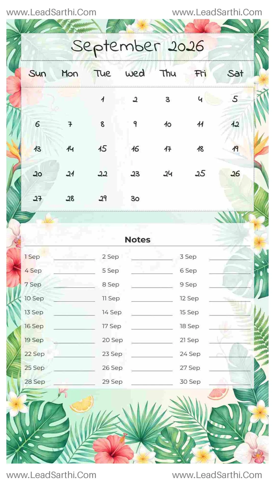 Printable September 2026 Calendar Template 23 Summer Theme 61 Thumbnail