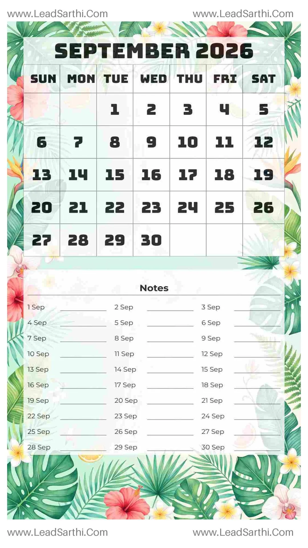 Printable September 2026 Calendar Template 17 Summer Theme 183 Thumbnail