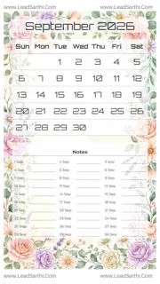 September 2026 Calendar Template 15 Floral Theme 6 Design Template