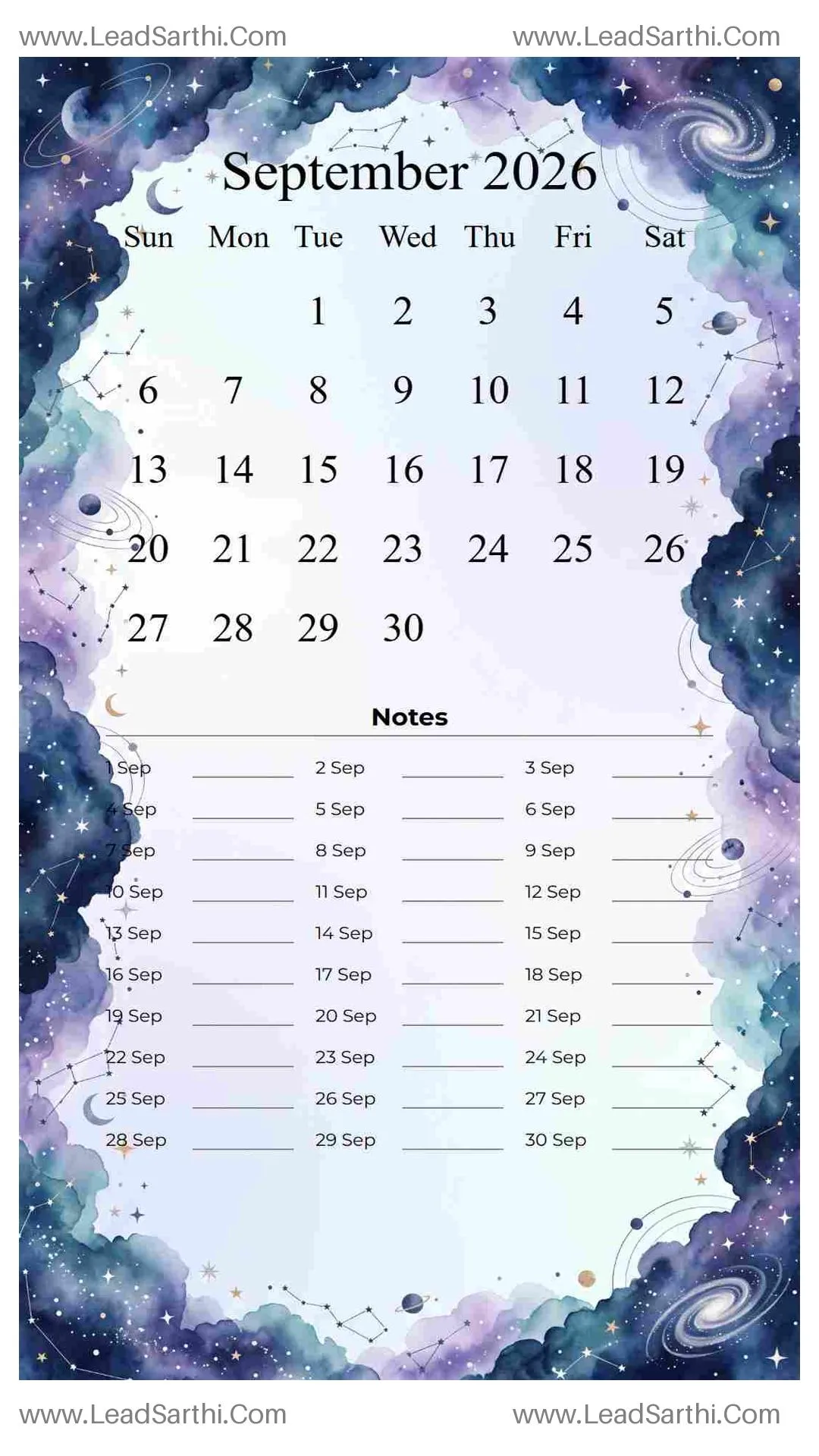 Printable September 2026 Calendar Template 1 Galaxy Theme 207 Thumbnail
