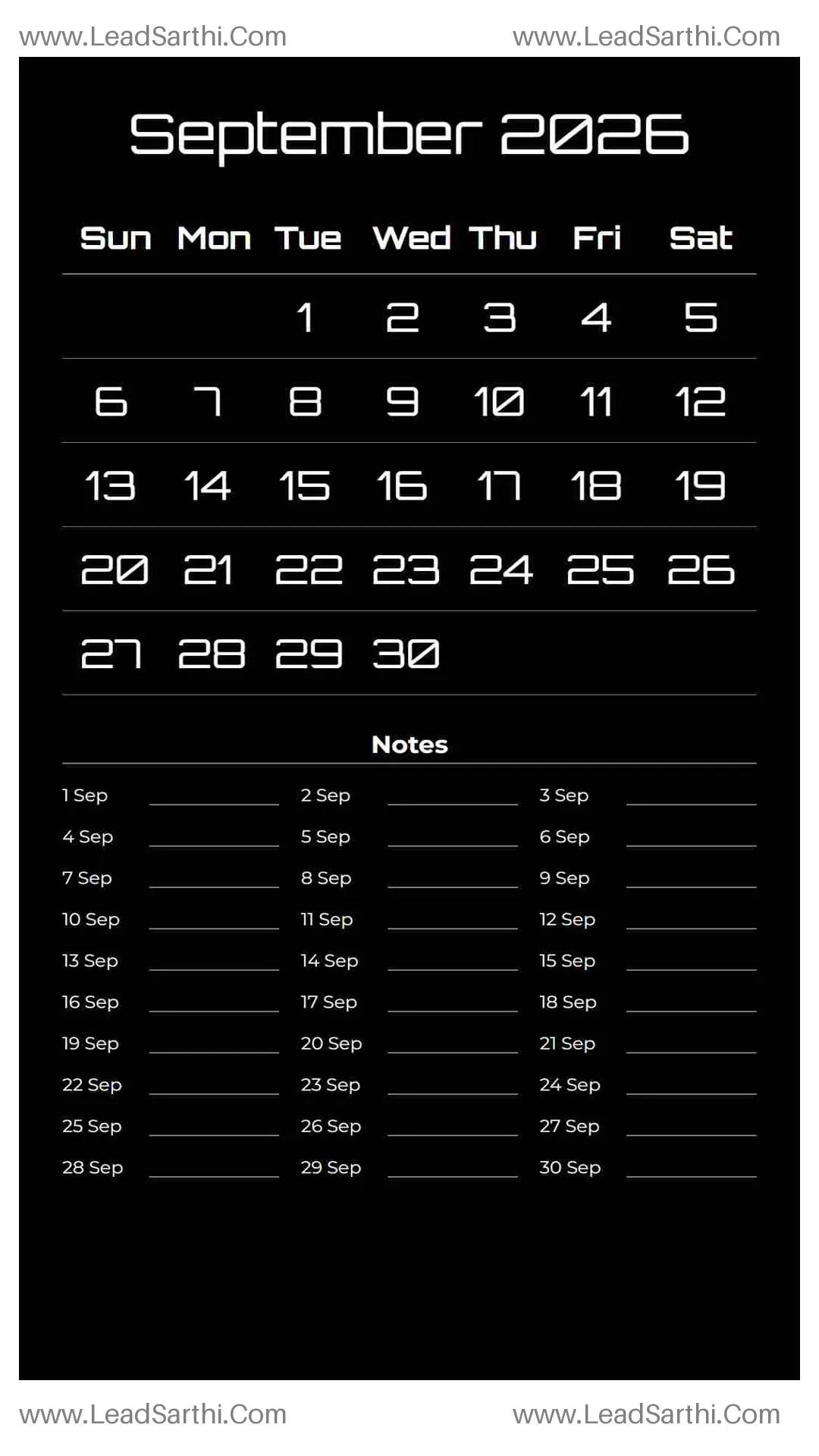 Printable September 2026 Calendar Template 15 Dark Theme 130 Thumbnail