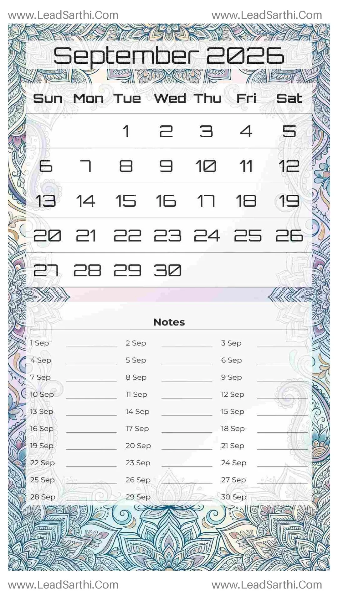 Printable September 2026 Calendar Template 15 Mandala Theme 198 Thumbnail
