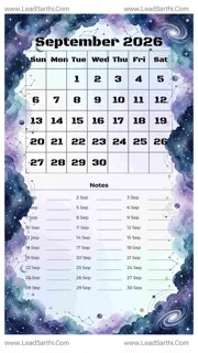 September 2026 Calendar Template 6 Galaxy Theme 105 Design Template