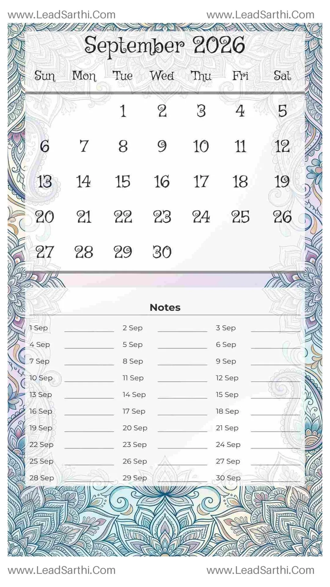 Printable September 2026 Calendar Template 2 Mandala Theme 181 Thumbnail