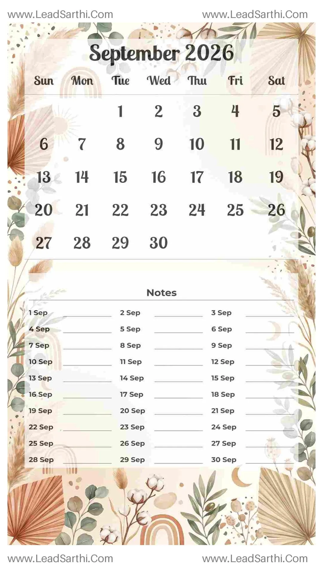 Printable September 2026 Calendar Template 11 Botonical Theme 160 Thumbnail