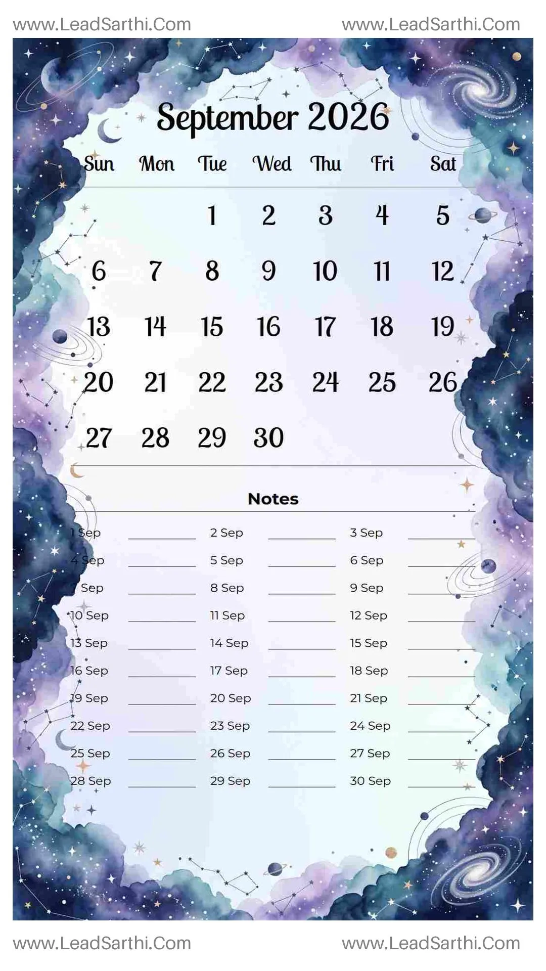 Printable September 2026 Calendar Template 11 Galaxy Theme 204 Thumbnail