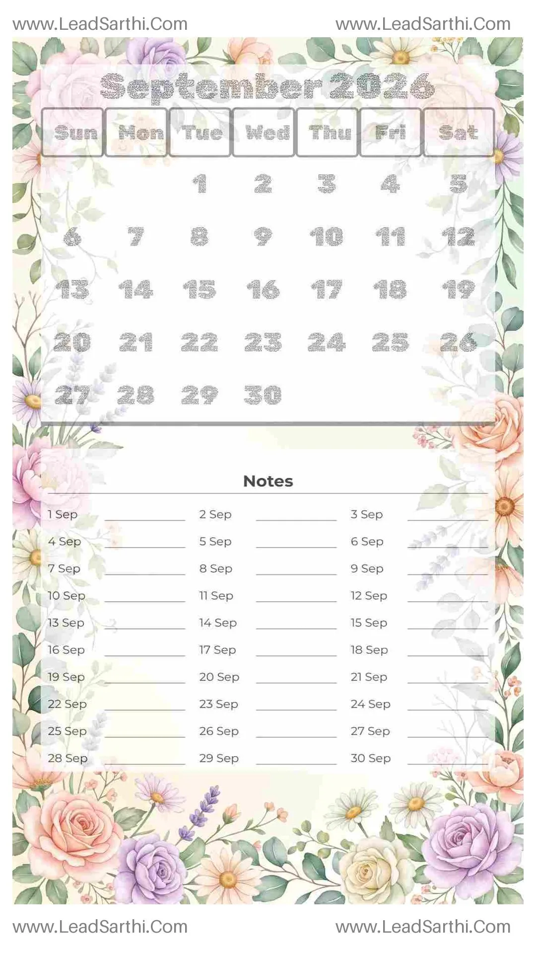 Printable September 2026 Calendar Template 5 Floral Theme 282 Thumbnail
