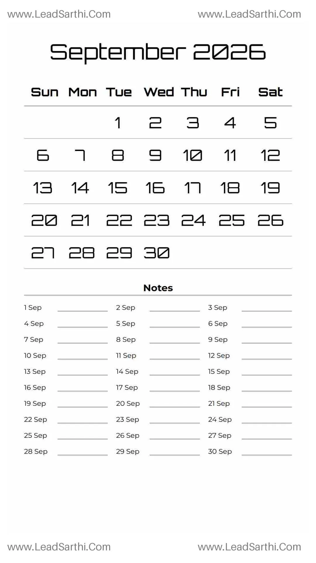 Printable September 2026 Calendar Template 15 White BG 126 Thumbnail