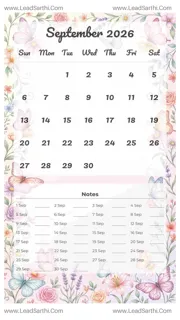 September 2026 Calendar Template 16 Butterfly Theme 223 Design Template