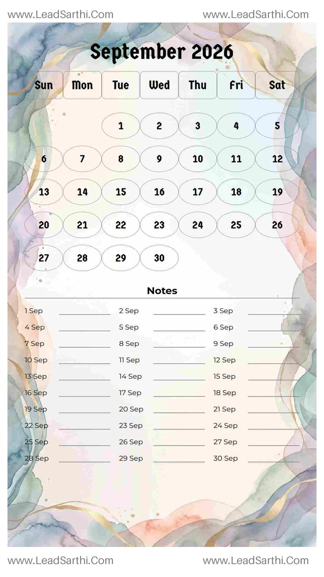 Printable September 2026 Calendar Template 9 Watercolor Theme 63 Thumbnail