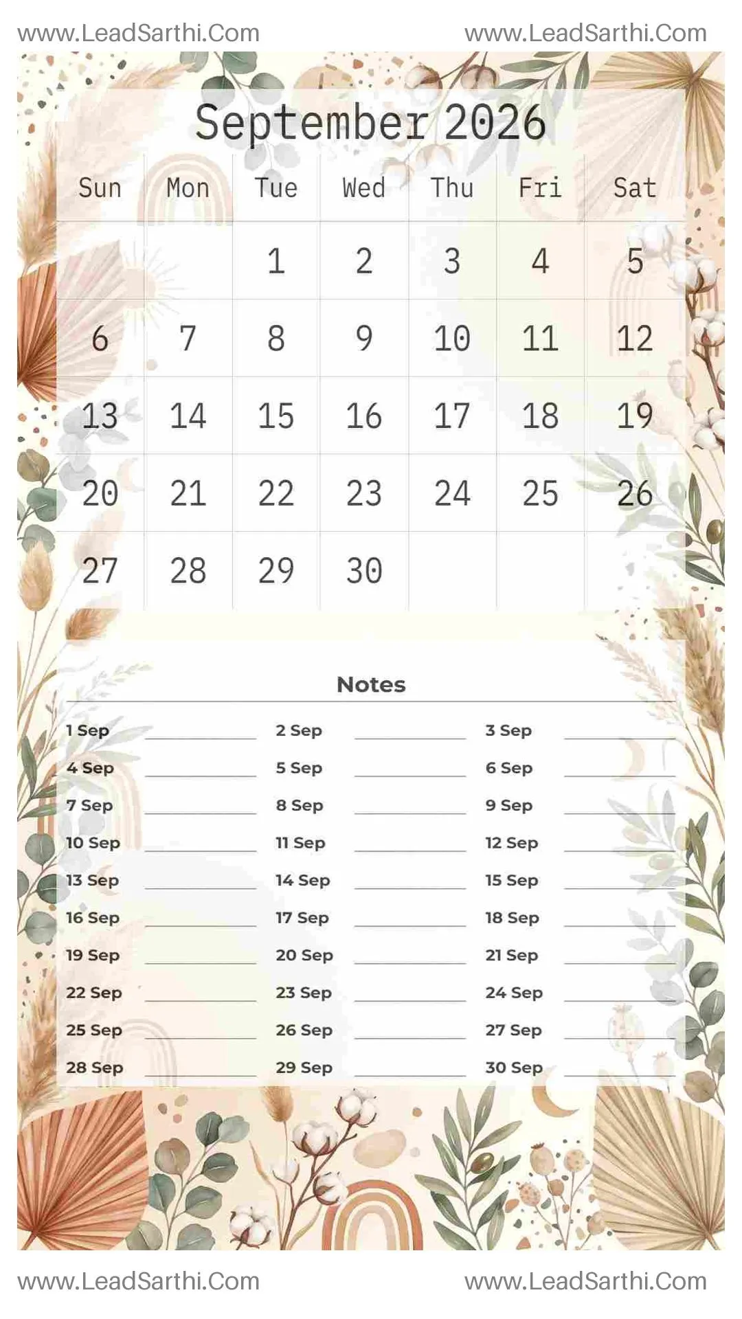 Printable September 2026 Calendar Template 12 Botonical Theme 122 Thumbnail