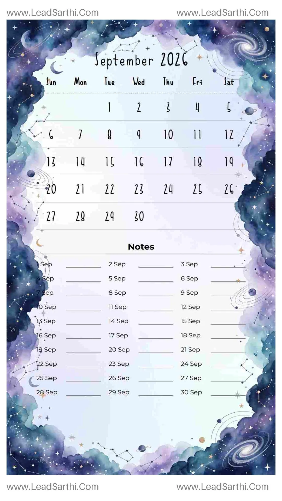 Printable September 2026 Calendar Template 13 Galaxy Theme 152 Thumbnail