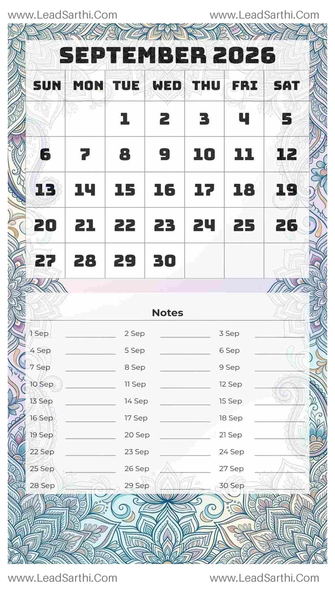 Printable September 2026 Calendar Template 17 Mandala Theme 205 Thumbnail