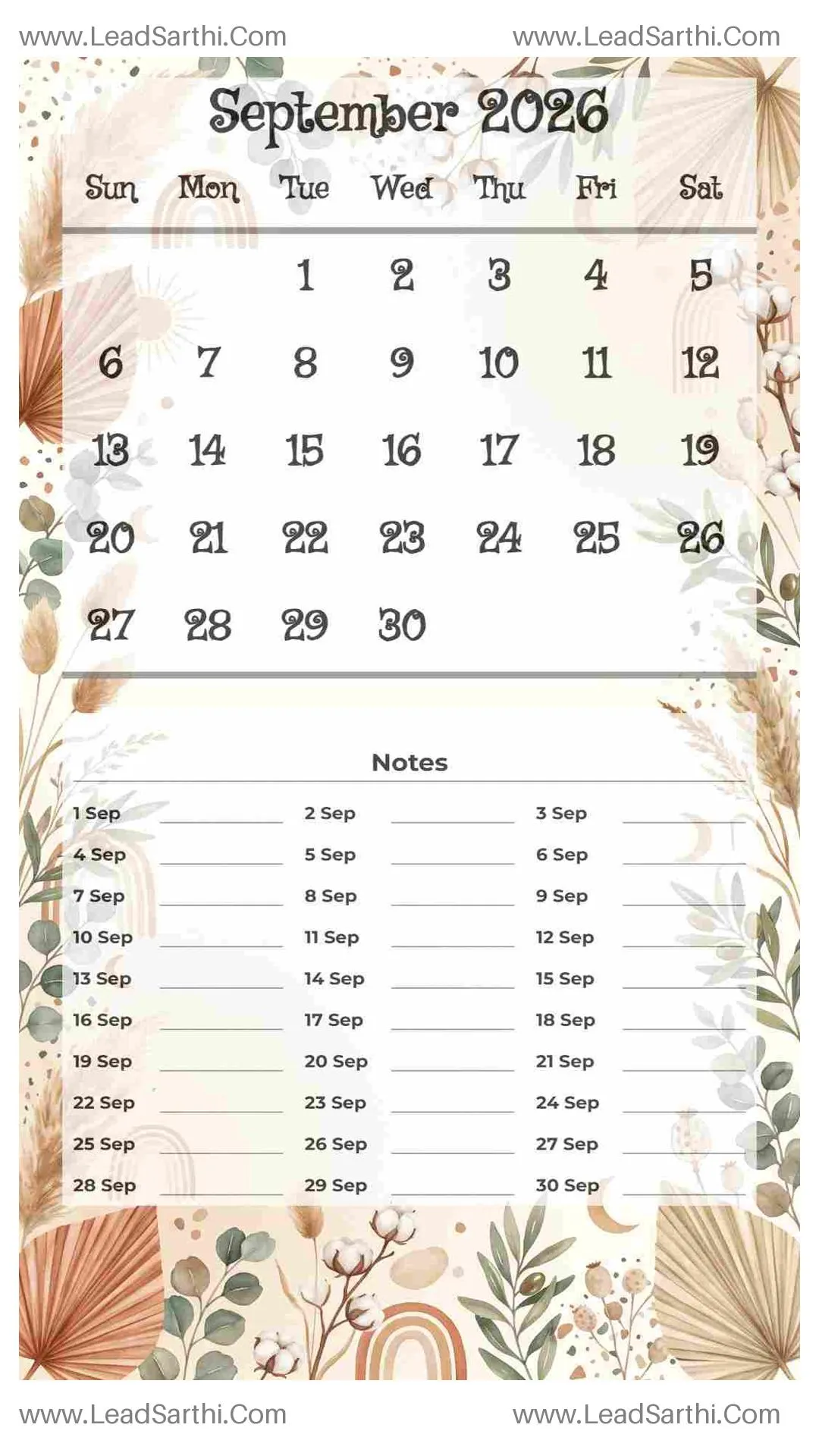 Printable September 2026 Calendar Template 2 Botonical Theme 162 Thumbnail
