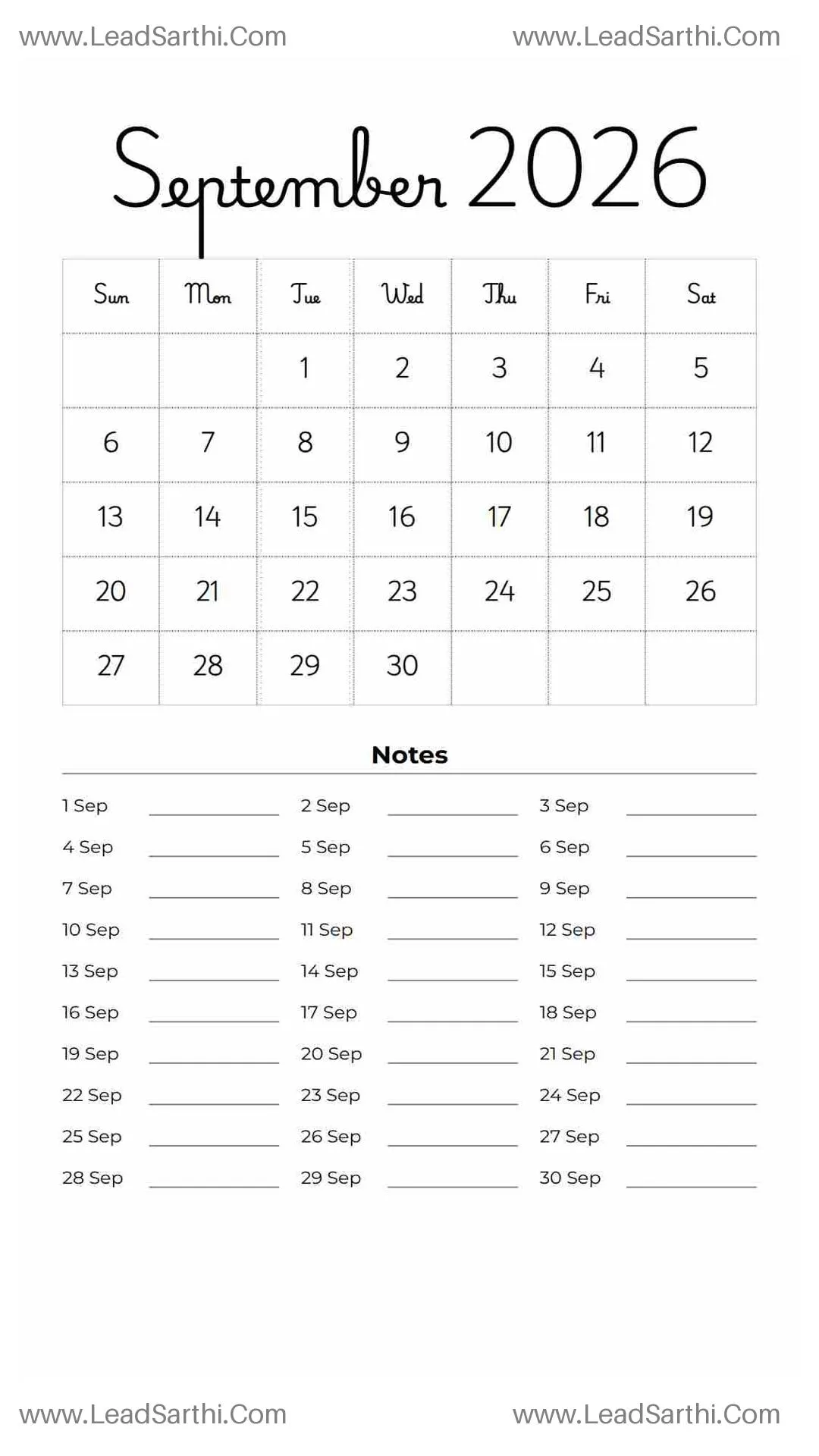 Printable September 2026 Calendar Template 18 White BG 65 Thumbnail