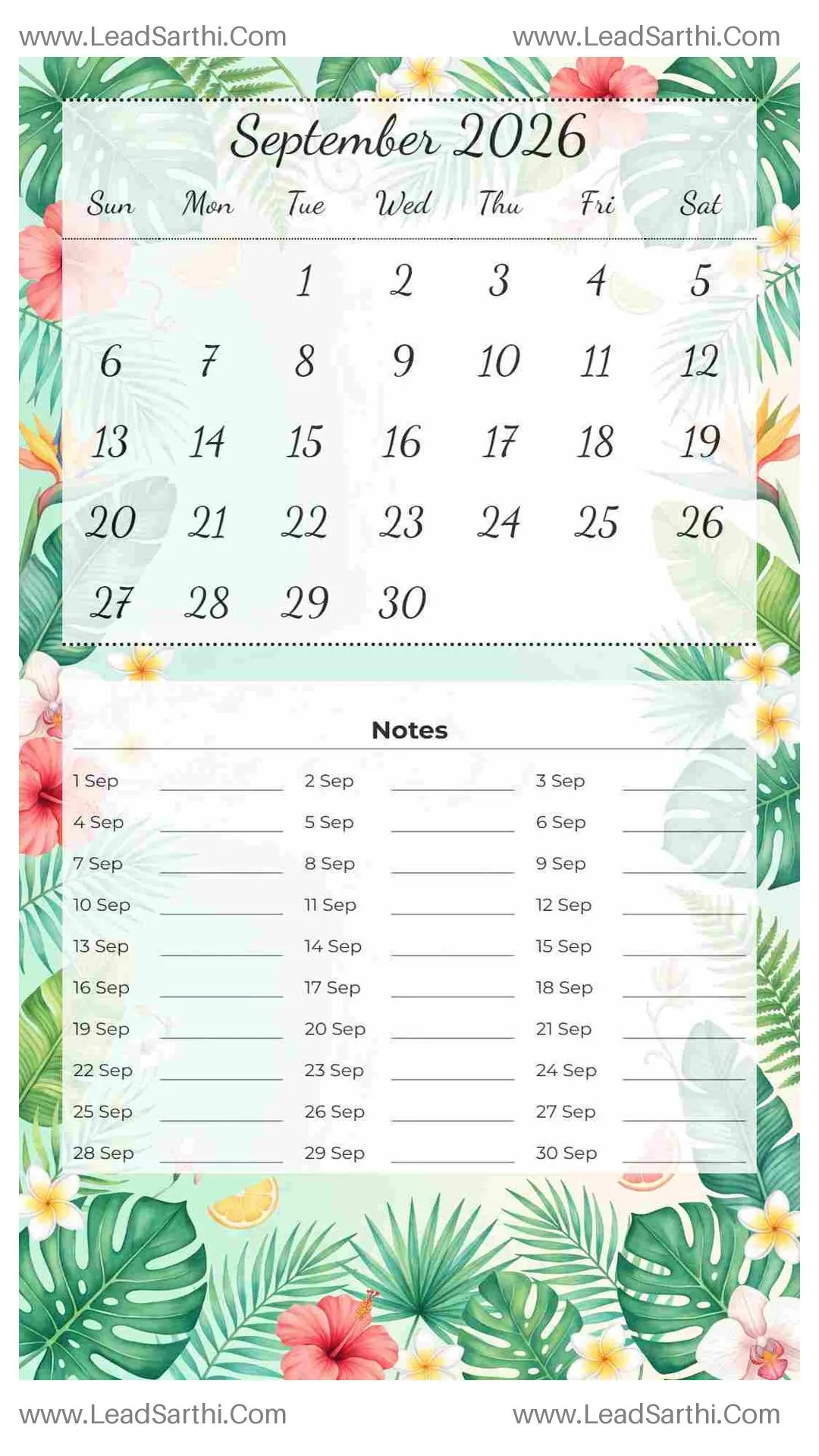 Printable September 2026 Calendar Template 10 Summer Theme 121 Thumbnail
