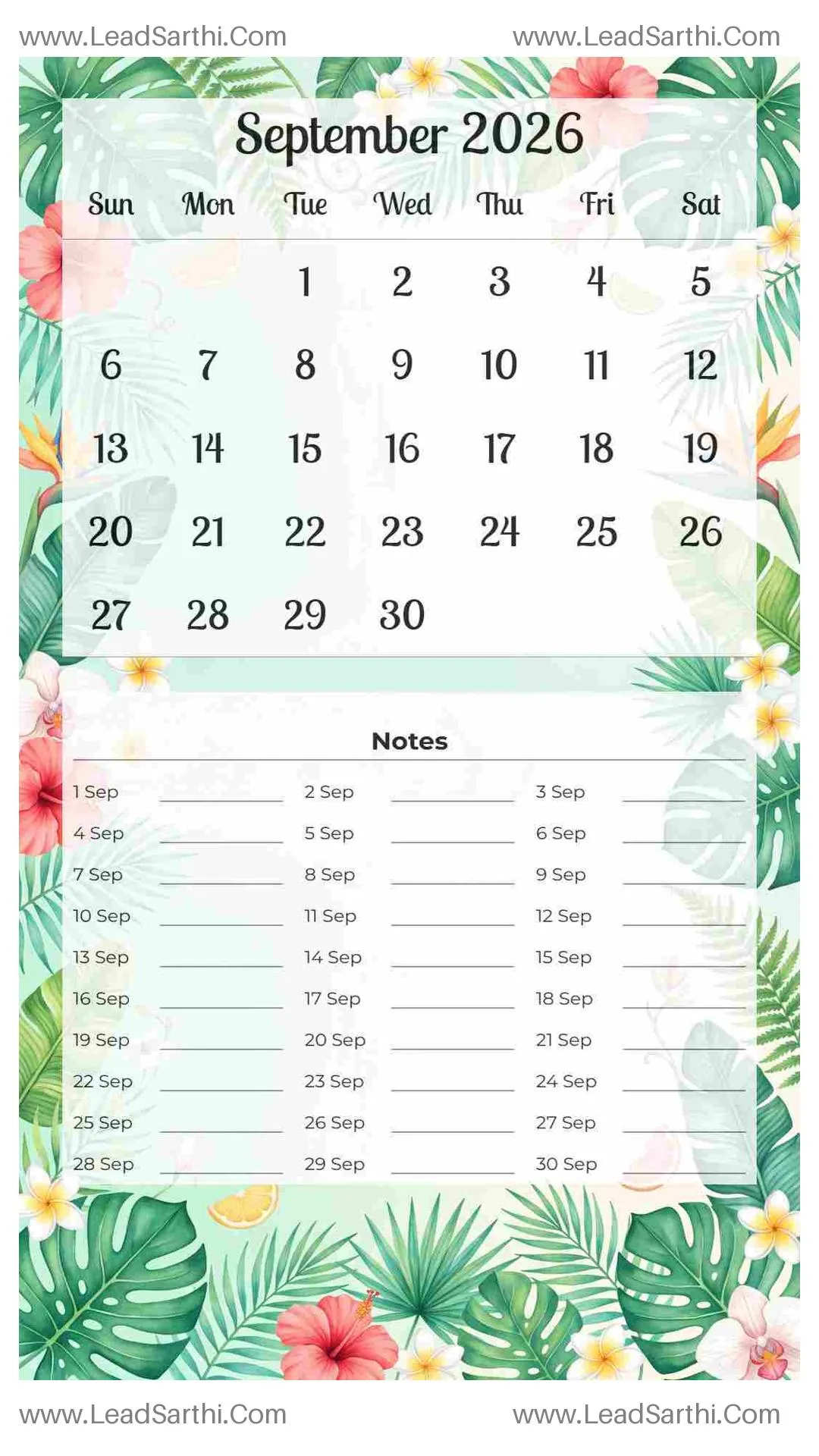 Printable September 2026 Calendar Template 11 Summer Theme 109 Thumbnail
