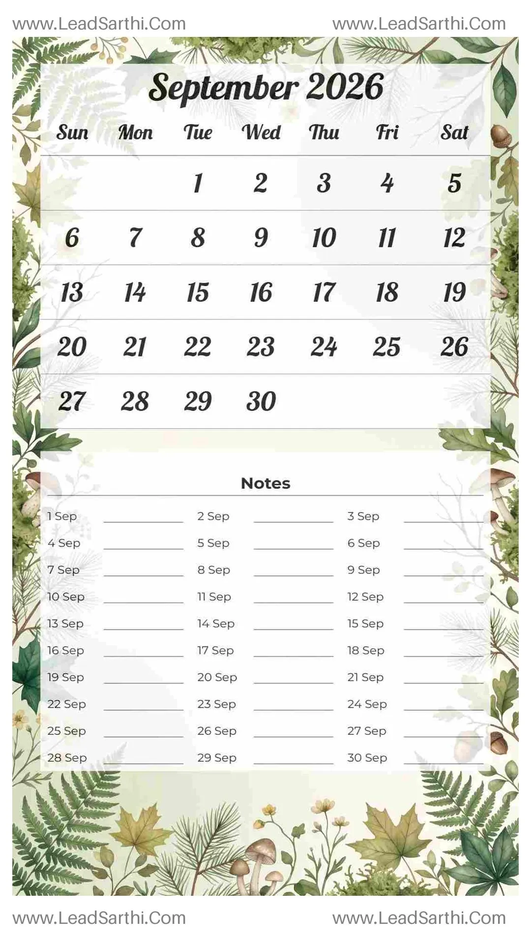 Printable September 2026 Calendar Template 19 Forest Theme 155 Thumbnail