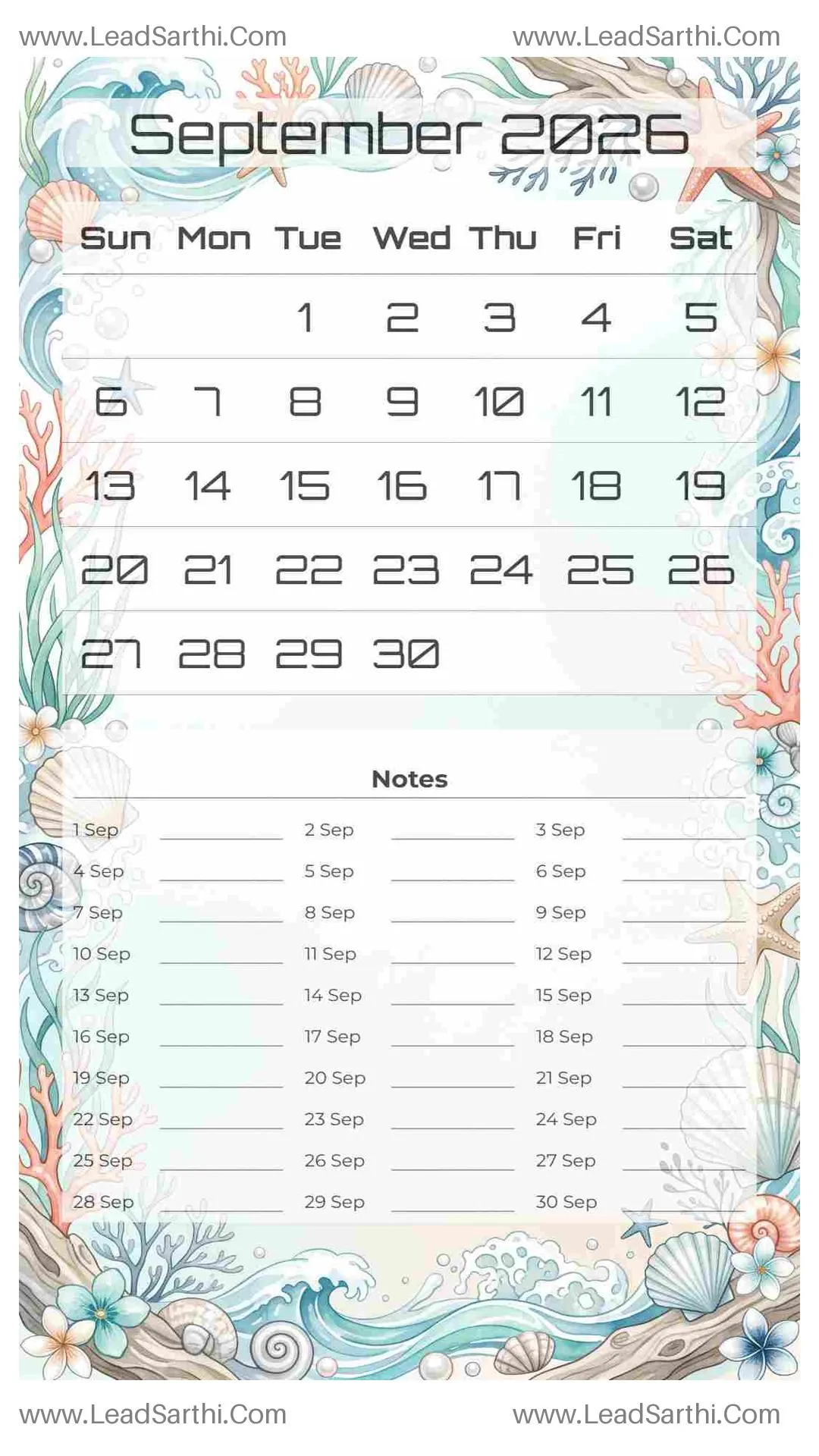 Printable September 2026 Calendar Template 15 Ocean Theme 188 Thumbnail