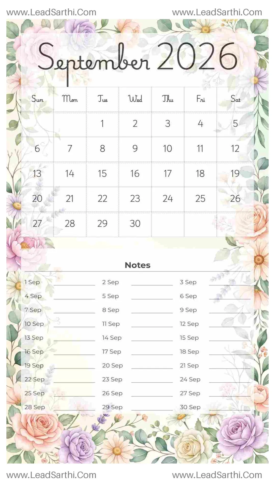 Printable September 2026 Calendar Template 18 Floral Theme 157 Thumbnail