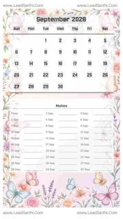 September 2026 Calendar Template 4 Butterfly Theme 52 Design Template
