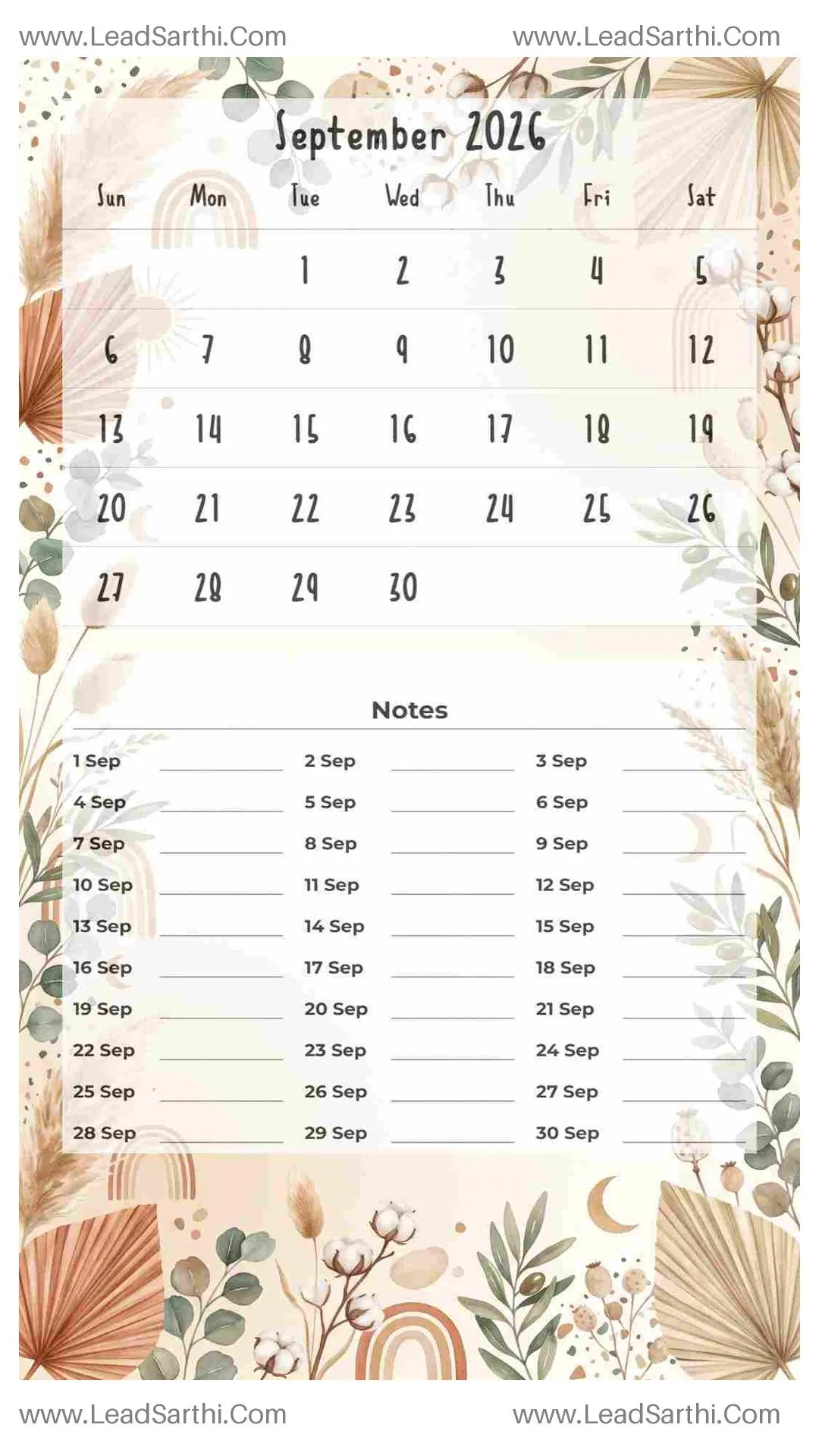 Printable September 2026 Calendar Template 13 Botonical Theme 264 Thumbnail