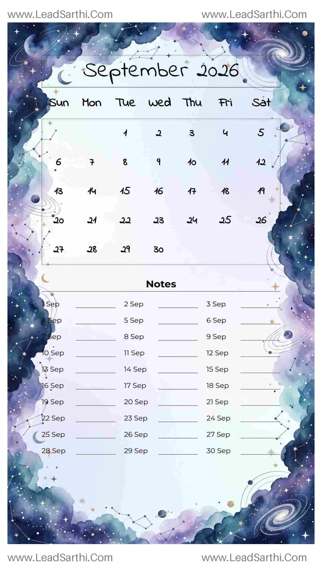 Printable September 2026 Calendar Template 23 Galaxy Theme 182 Thumbnail