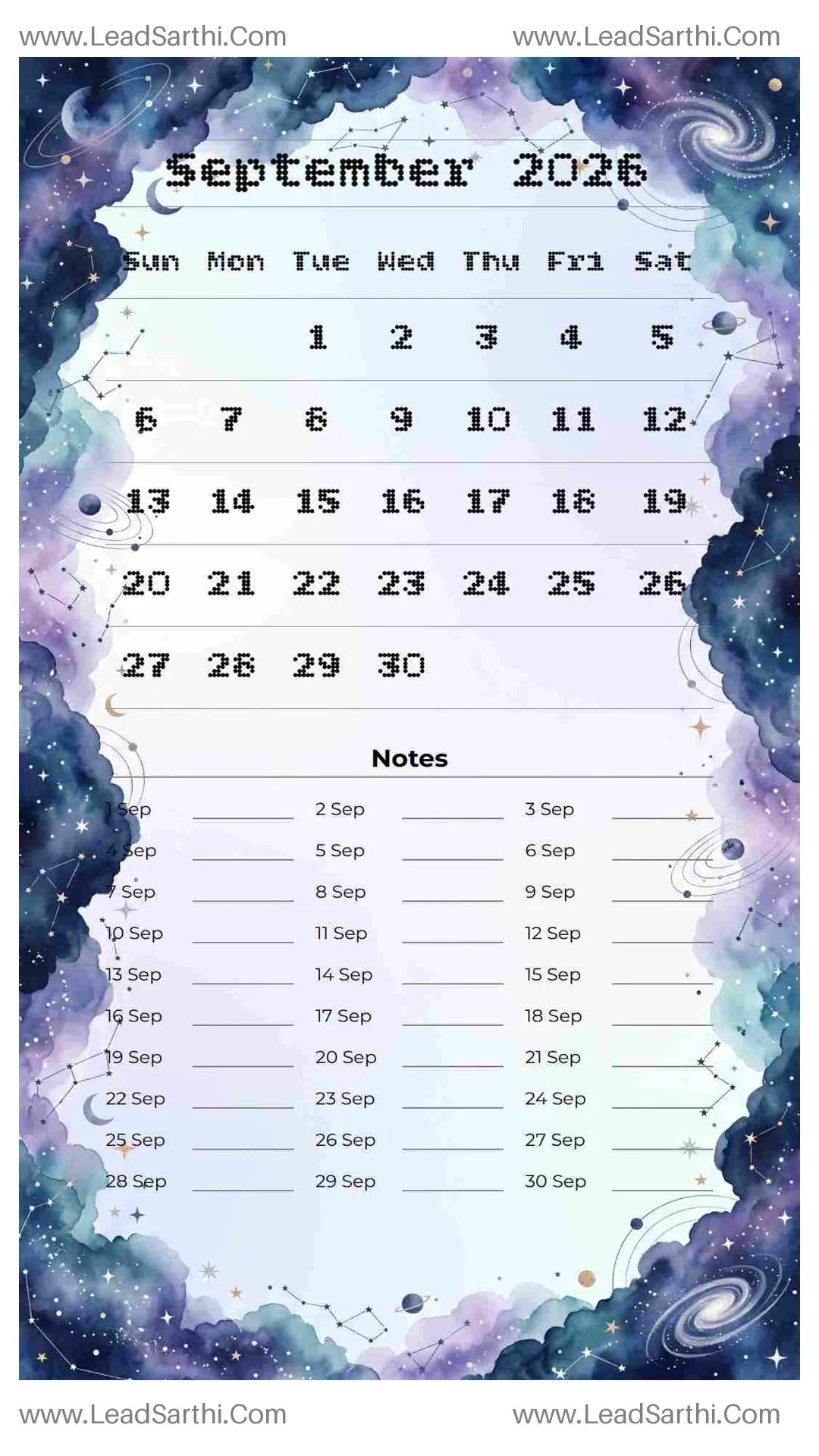 Printable September 2026 Calendar Template 7 Galaxy Theme 286 Thumbnail