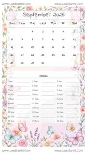 September 2026 Calendar Template 23 Butterfly Theme 226 Design Template