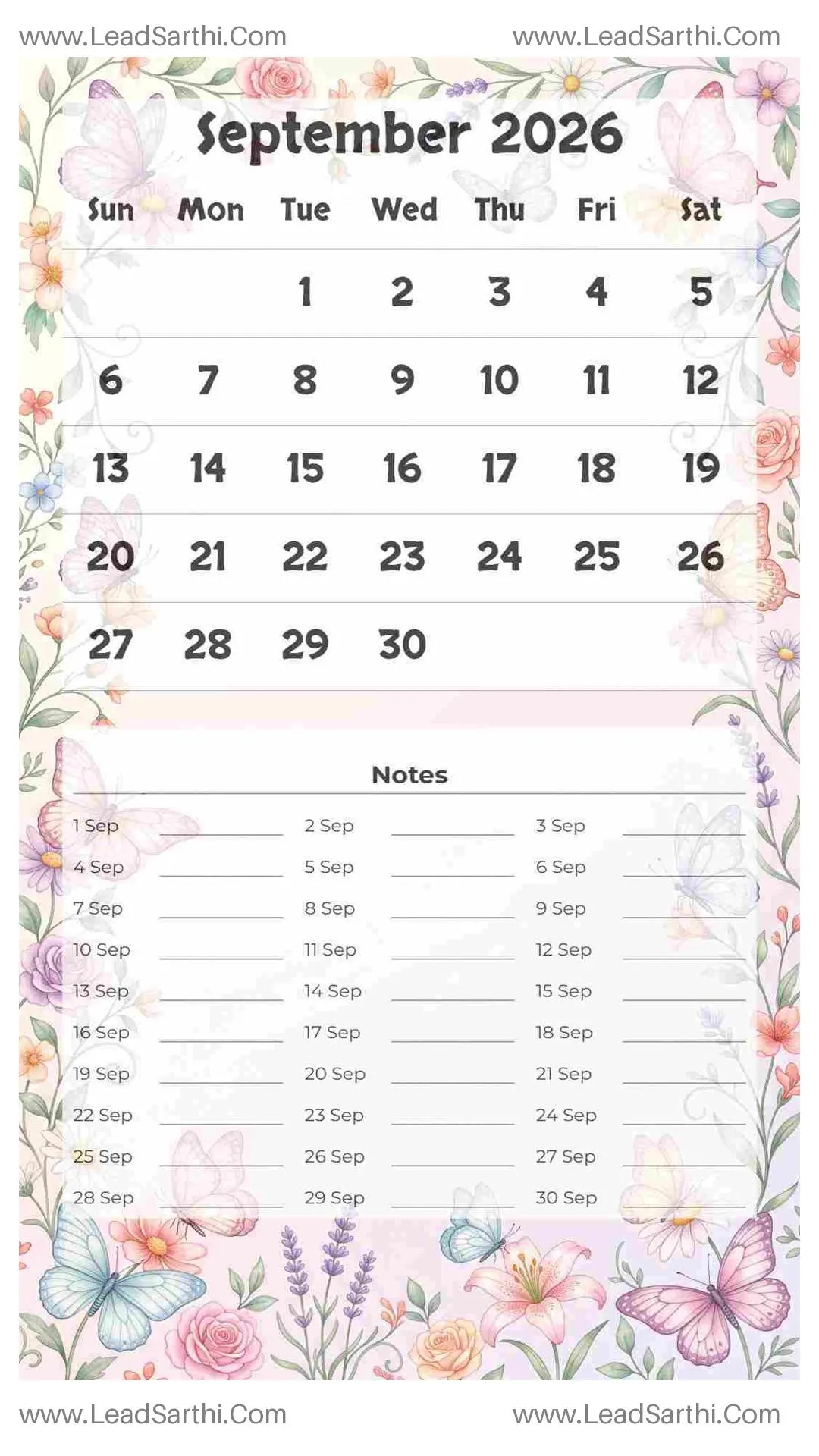 Printable September 2026 Calendar Template 20 Butterfly Theme 111 Thumbnail