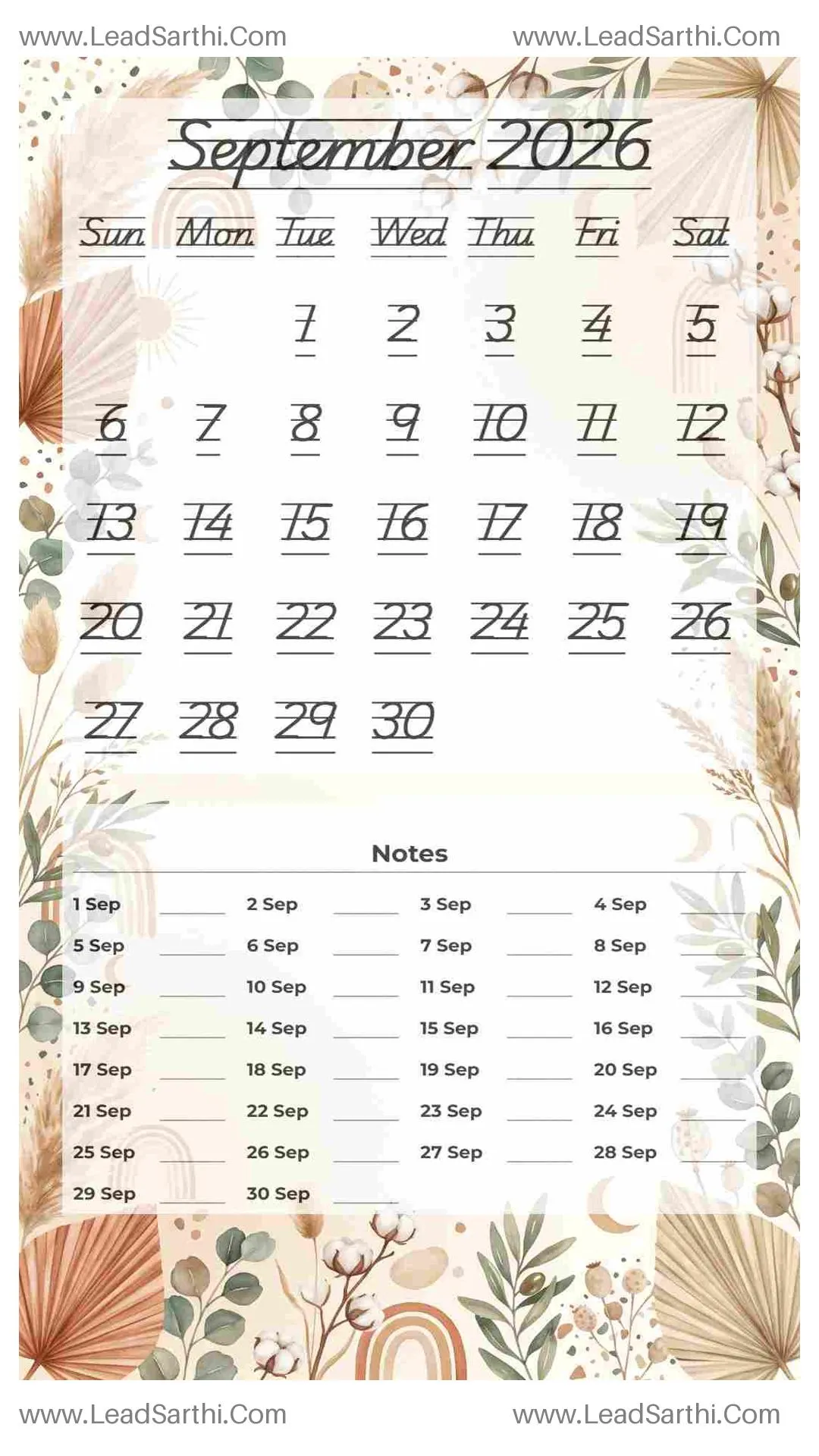 Printable September 2026 Calendar Template 3 Botonical Theme 194 Thumbnail
