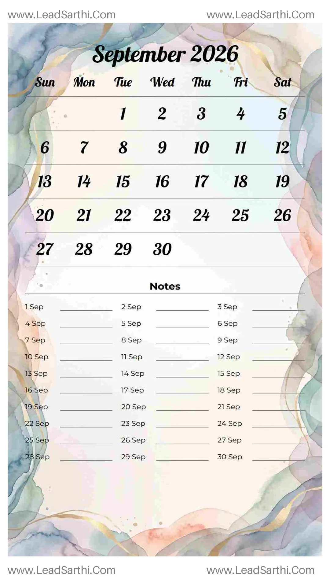 Printable September 2026 Calendar Template 19 Watercolor Theme 262 Thumbnail