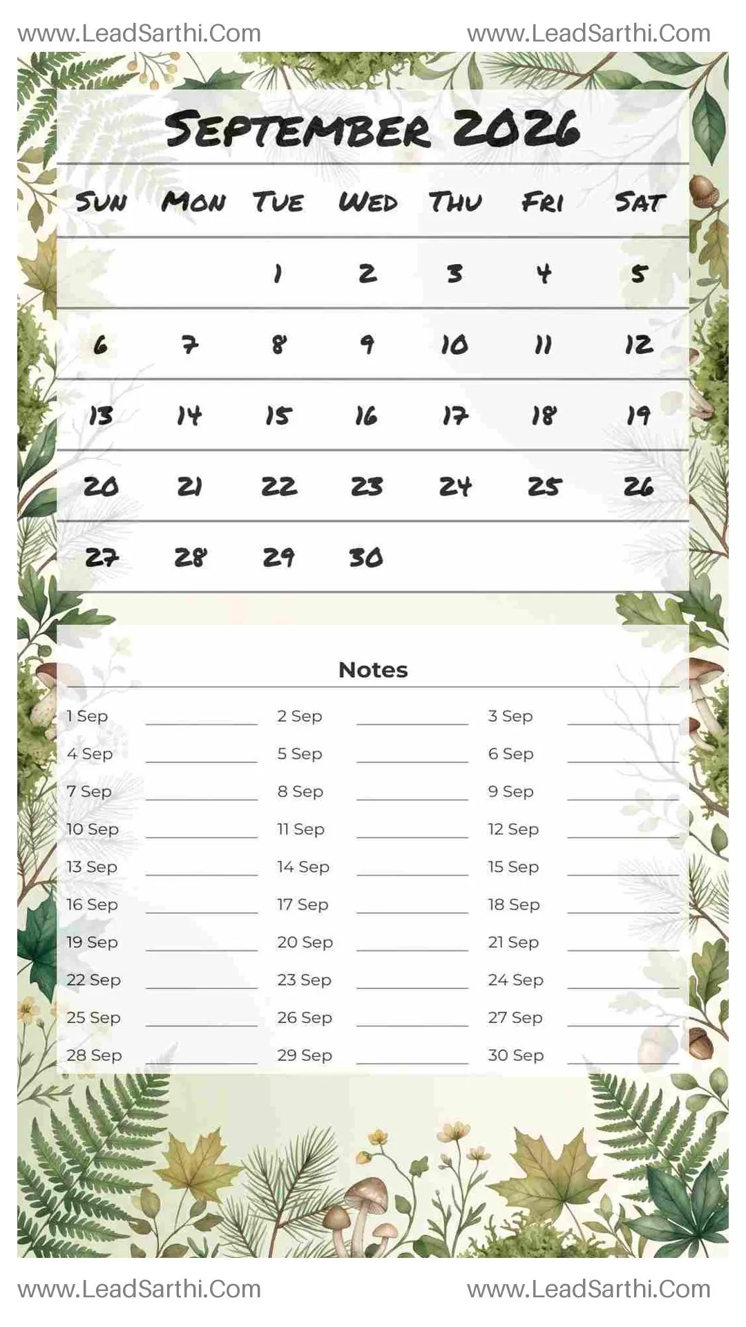 Printable September 2026 Calendar Template 24 Forest Theme 73 Thumbnail