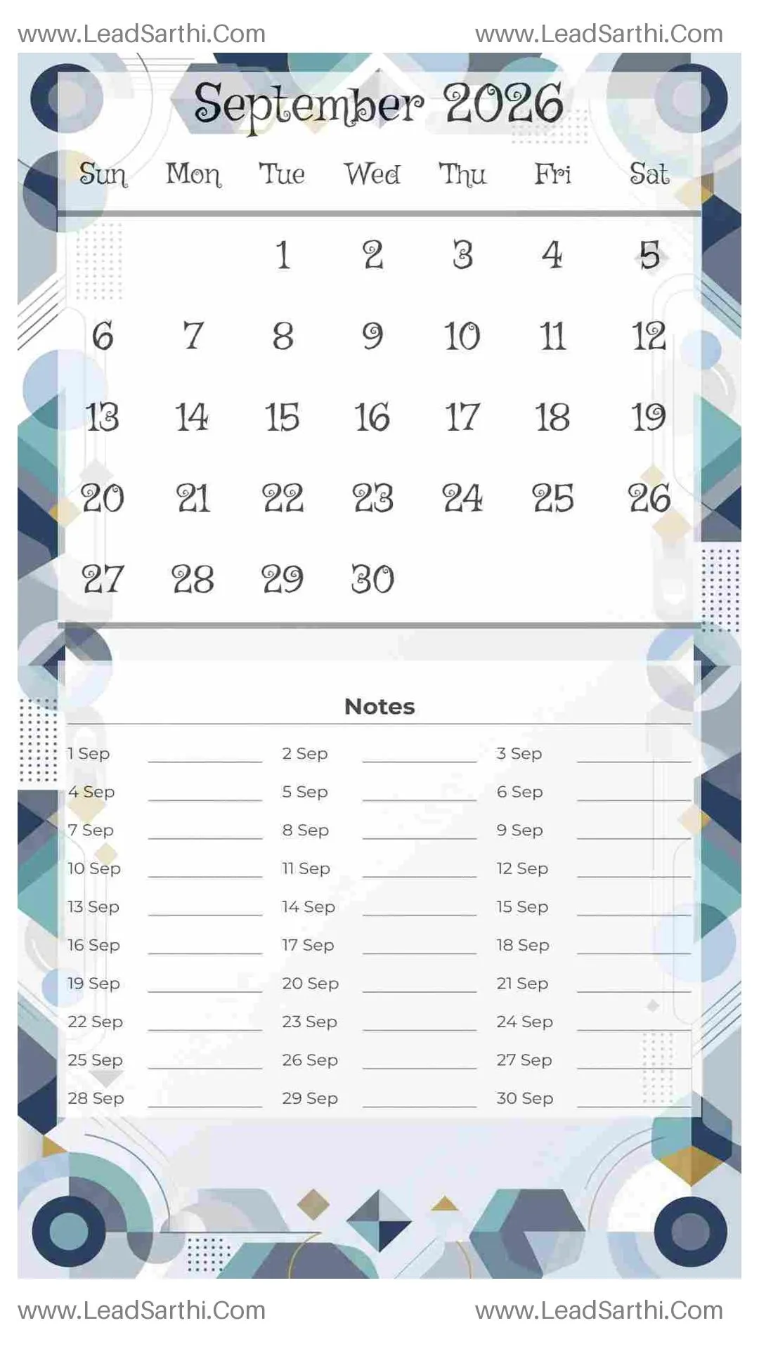 Printable September 2026 Calendar Template 2 Geometric Theme 135 Thumbnail