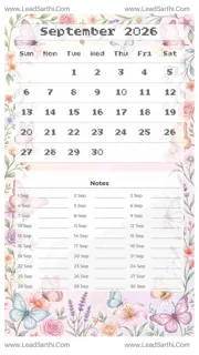 September 2026 Calendar Template 7 Butterfly Theme 193 Design Template