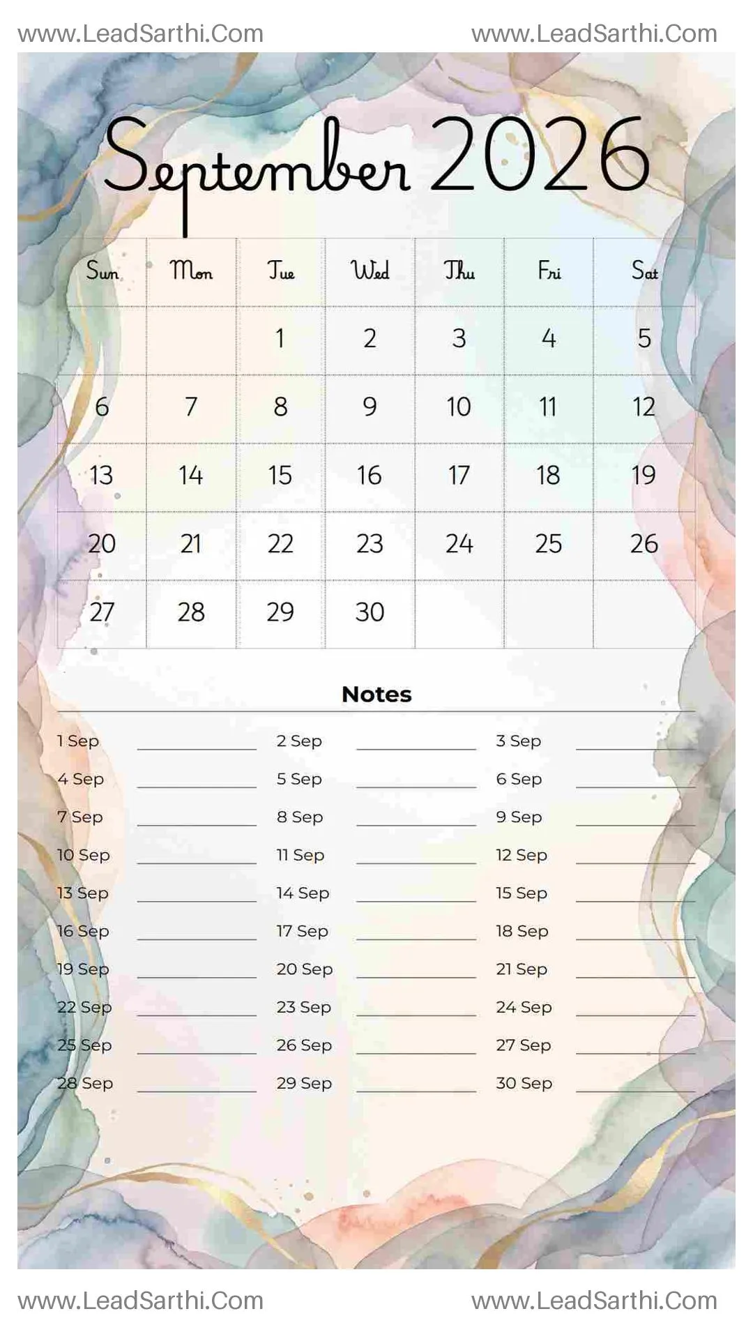 Printable September 2026 Calendar Template 18 Watercolor Theme 199 Thumbnail