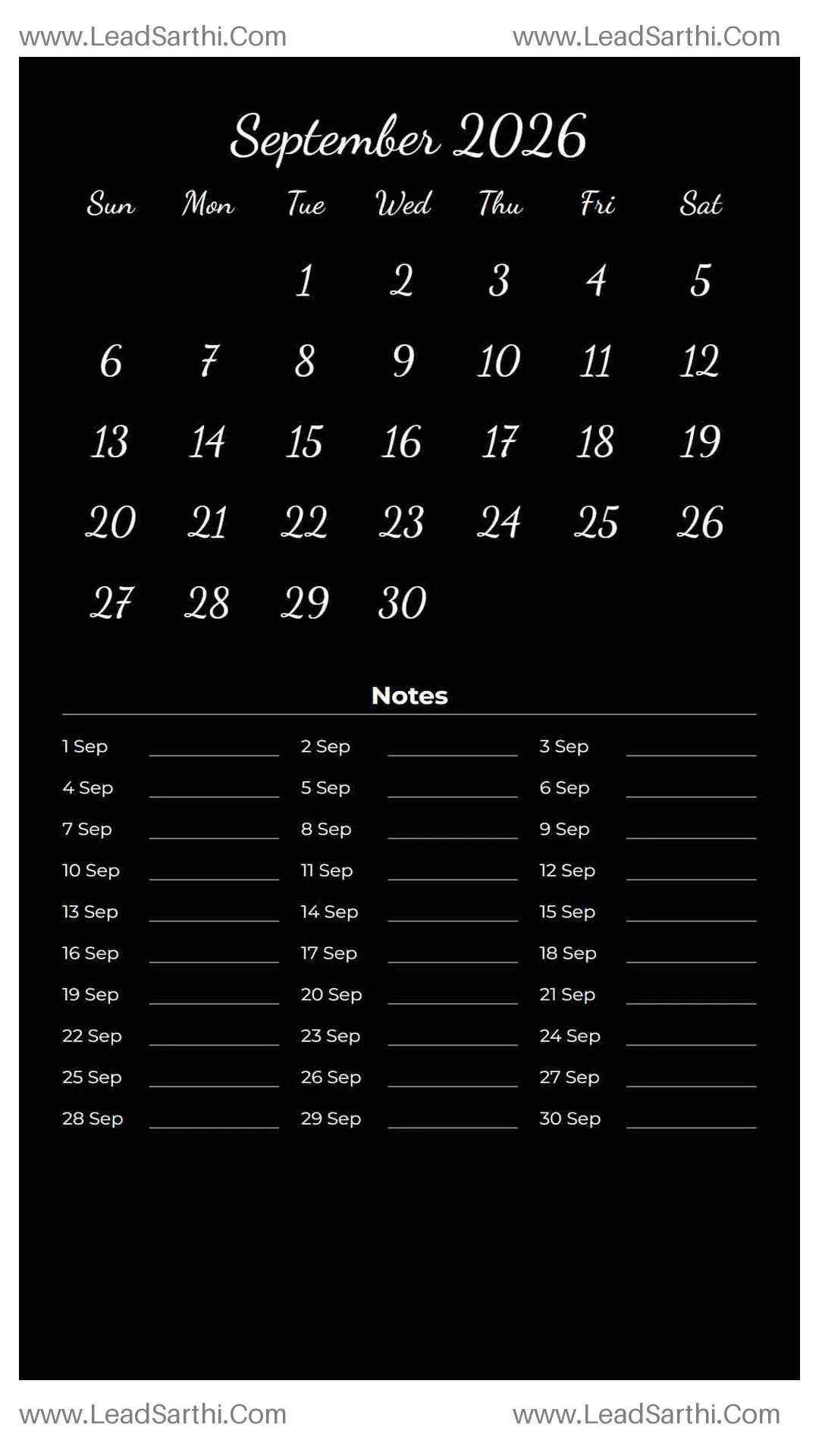 Printable September 2026 Calendar Template 10 Dark Theme 258 Thumbnail