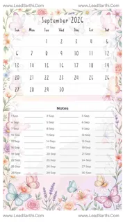 September 2026 Calendar Template 13 Butterfly Theme 217 Design Template