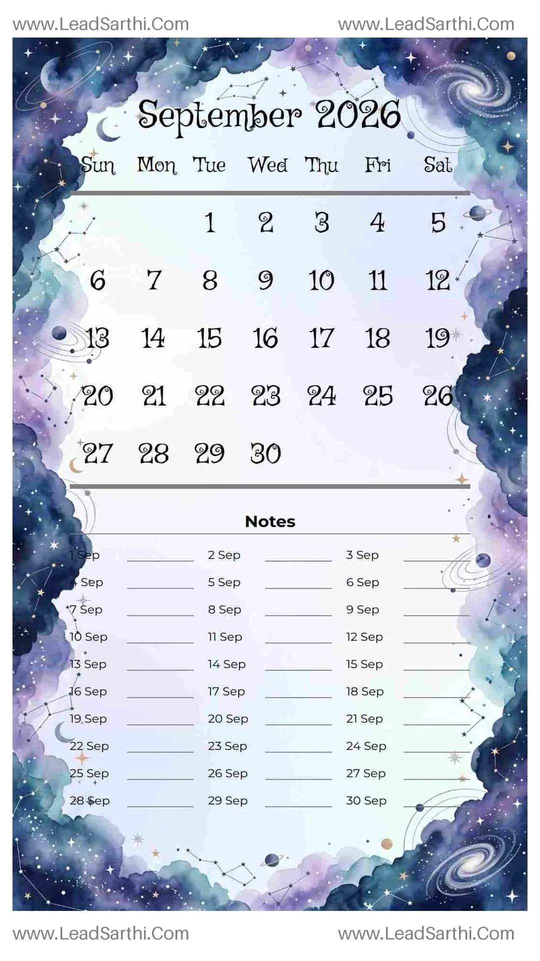 Printable September 2026 Calendar Template 2 Galaxy Theme 261 Thumbnail