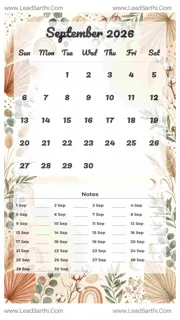 September 2026 Calendar Template 16 Botonical Theme 246 Design Template