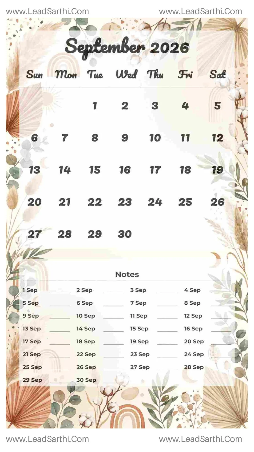 Printable September 2026 Calendar Template 16 Botonical Theme 246 Thumbnail