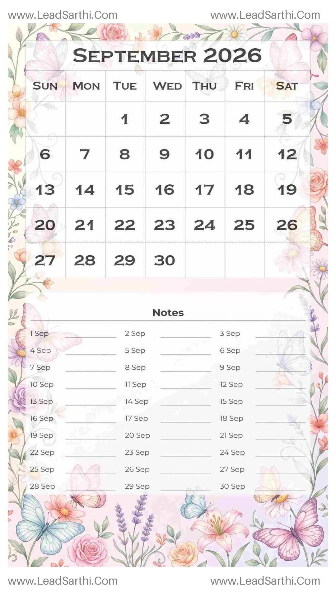 Printable September 2026 Calendar Template 14 Butterfly Theme 169 Thumbnail