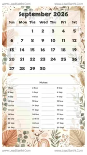 September 2026 Calendar Template 20 Botonical Theme 201 Design Template